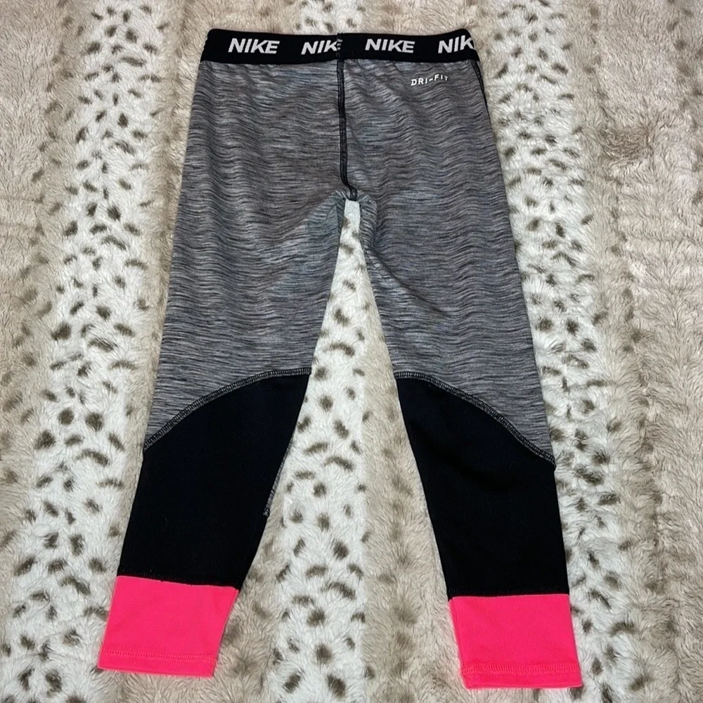 Nike Girls Pro Grey Space Dye Pink Colorblock Full-Length Leggings - Size 8 (M)